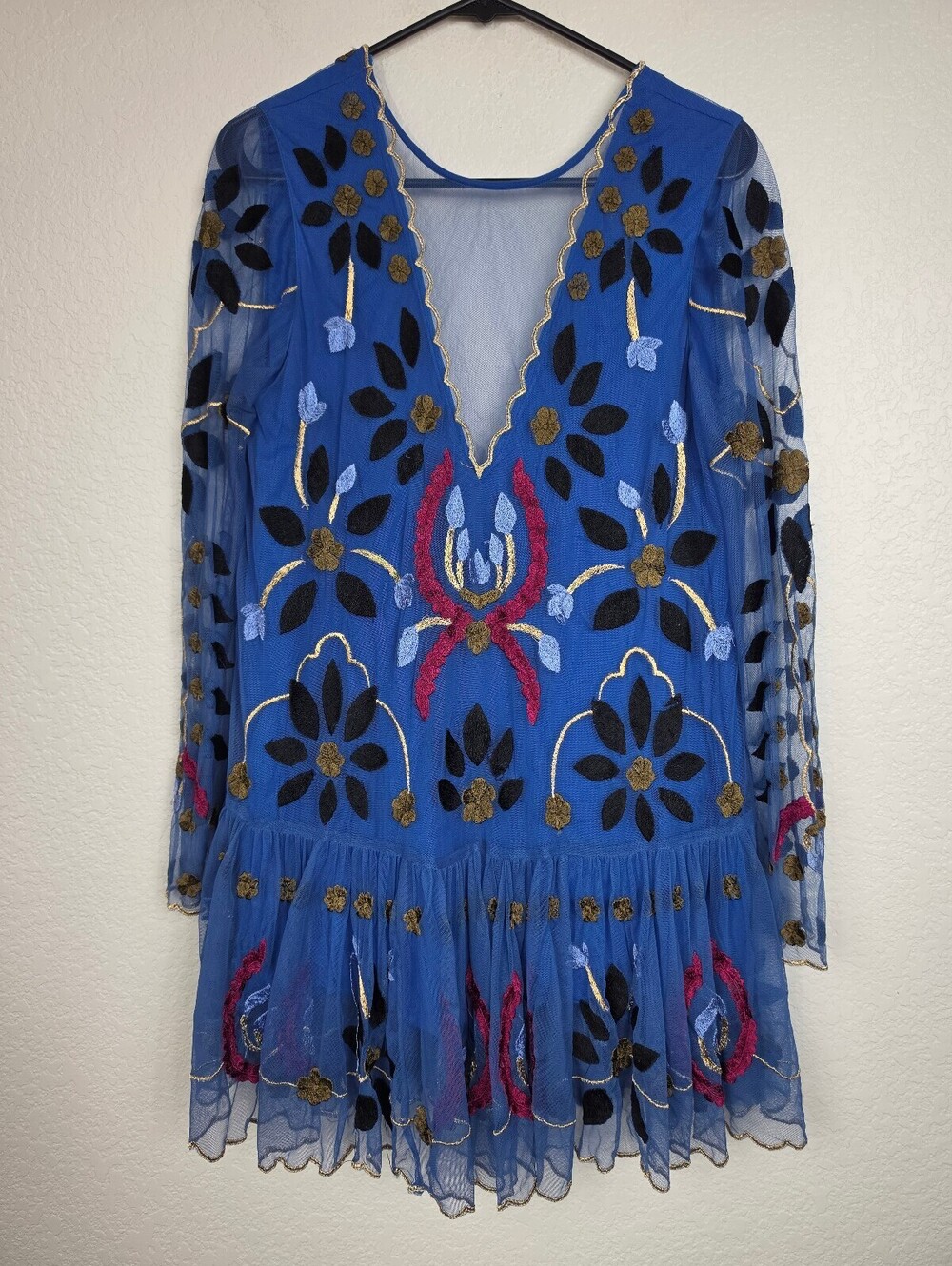 Free People Blue Embroidered Mesh Dress XS